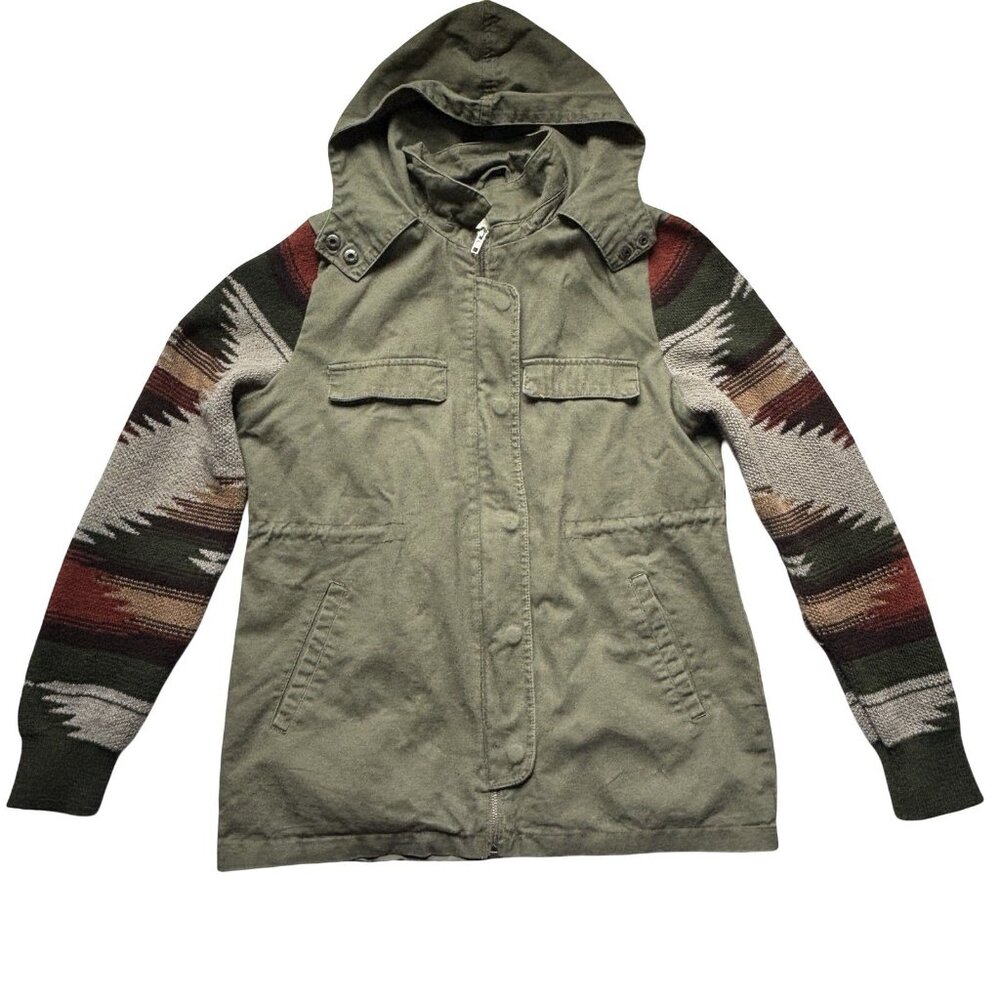 Thread & Supply Army Green Hooded Jacket Southwestern Patterned Sleeves XS